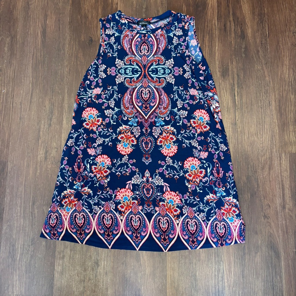Navy Vibrant Paisley Damask Border Print Sleeveless Shift Dress Petite Large
